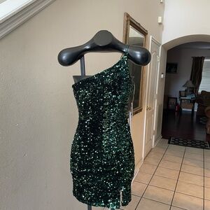 Green Sequin One-Shoulder Dress